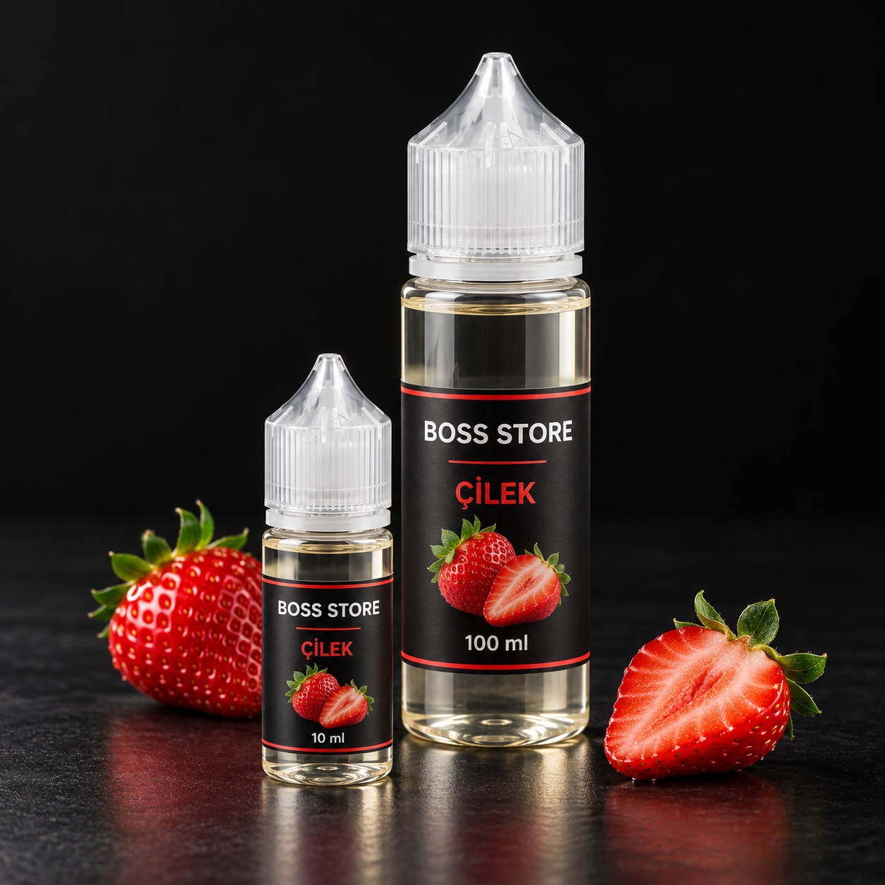 BOSS Store Çilek için dolu 10 ml ve 100 ml şişelerin temsili ürün görseli
